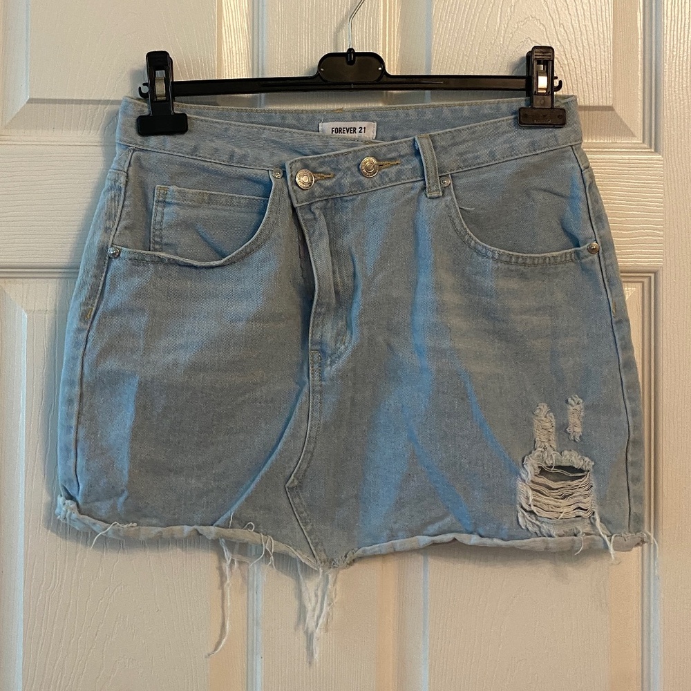 Forever 21 Distressed Denim Skirt w/Asymmetric Buttons